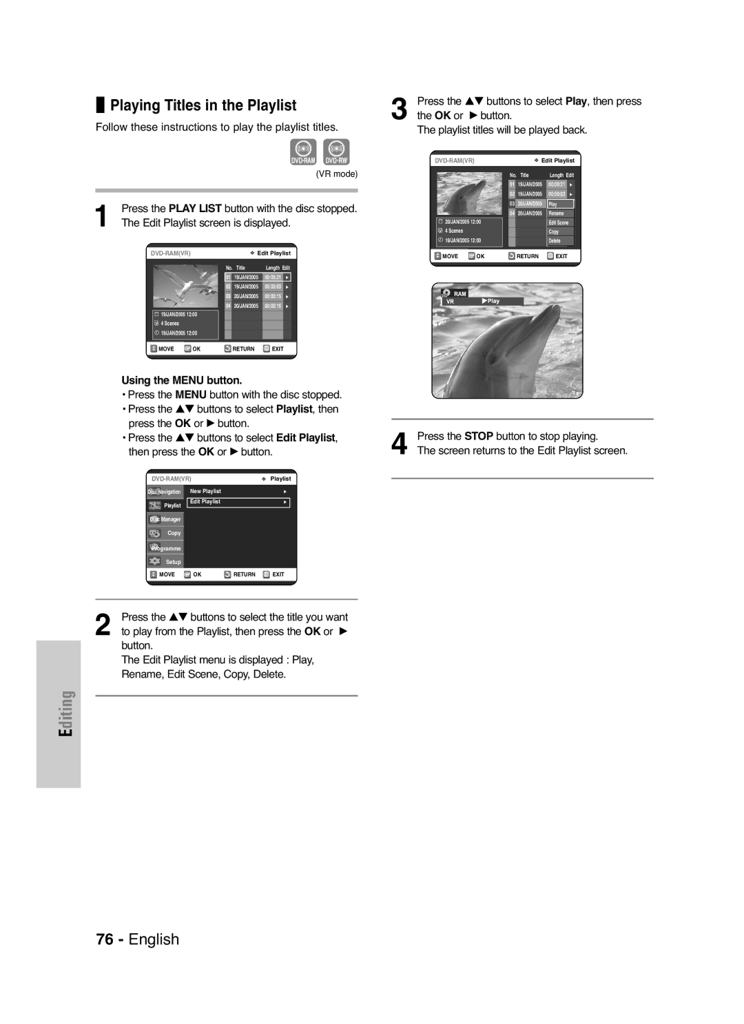 Samsung DVD-VR325P, DVD-VR325/XEF manual Playing Titles in the Playlist, Using the Menu button 