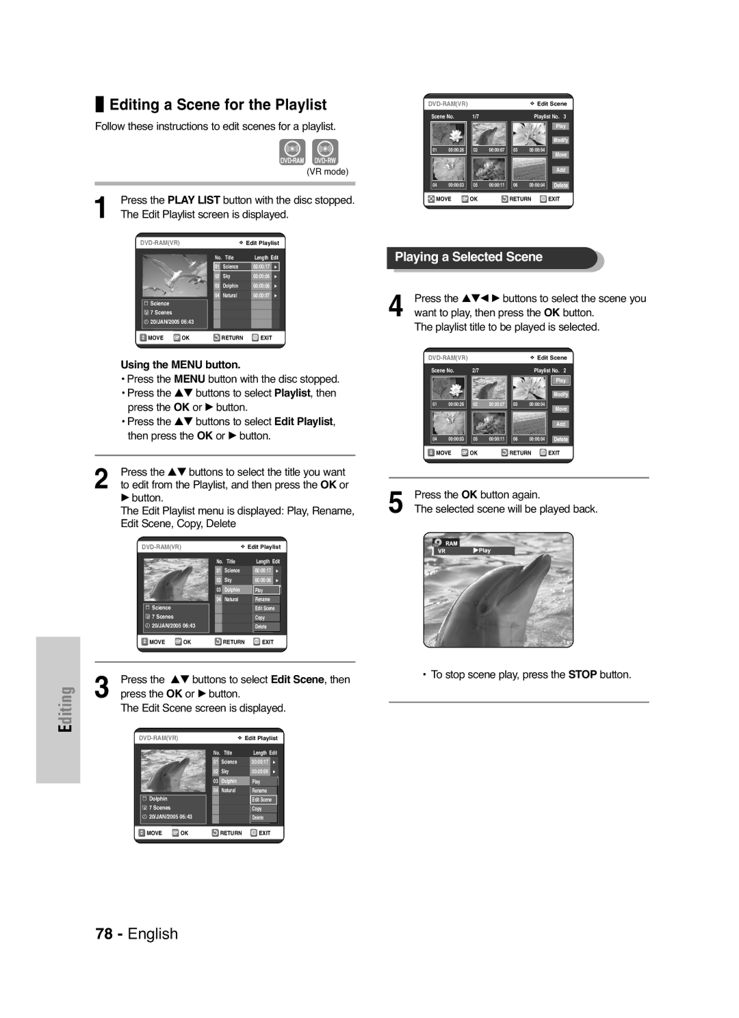 Samsung DVD-VR325P manual Editing a Scene for the Playlist, Follow these instructions to edit scenes for a playlist 