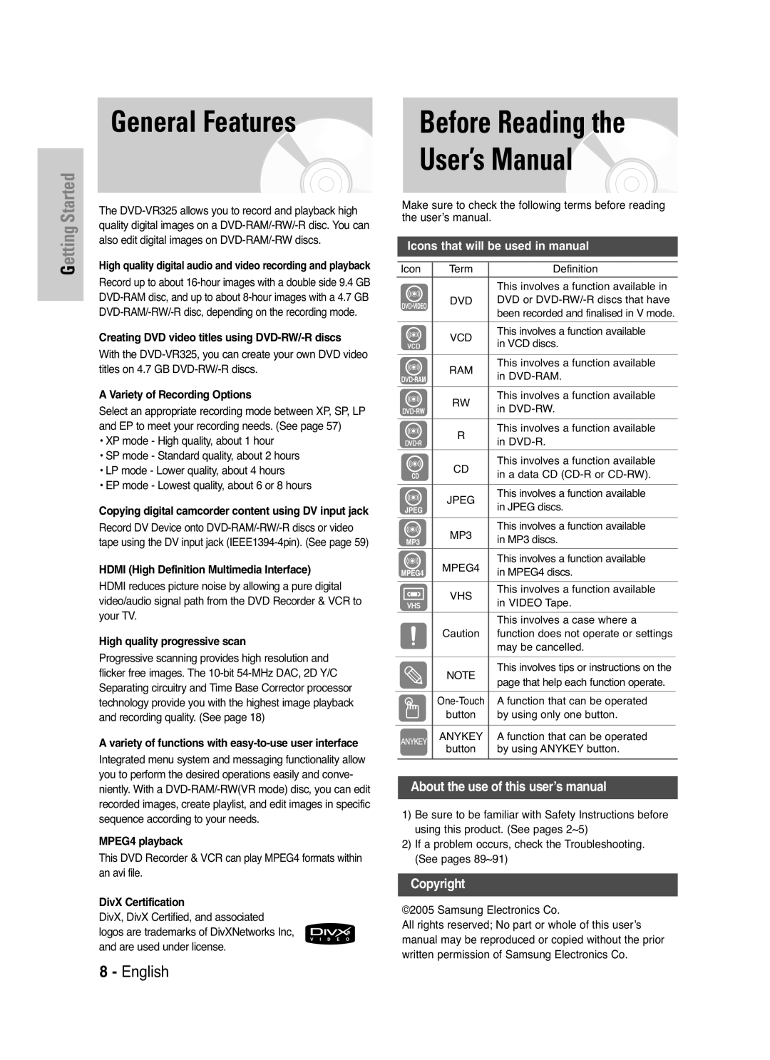 Samsung DVD-VR325P, DVD-VR325/XEF manual Before Reading User’s Manual, General Features 