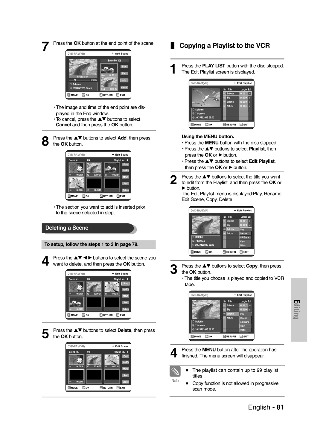 Samsung DVD-VR325/XEF, DVD-VR325P manual Copying a Playlist to the VCR, To setup, follow the steps 1 to 3 