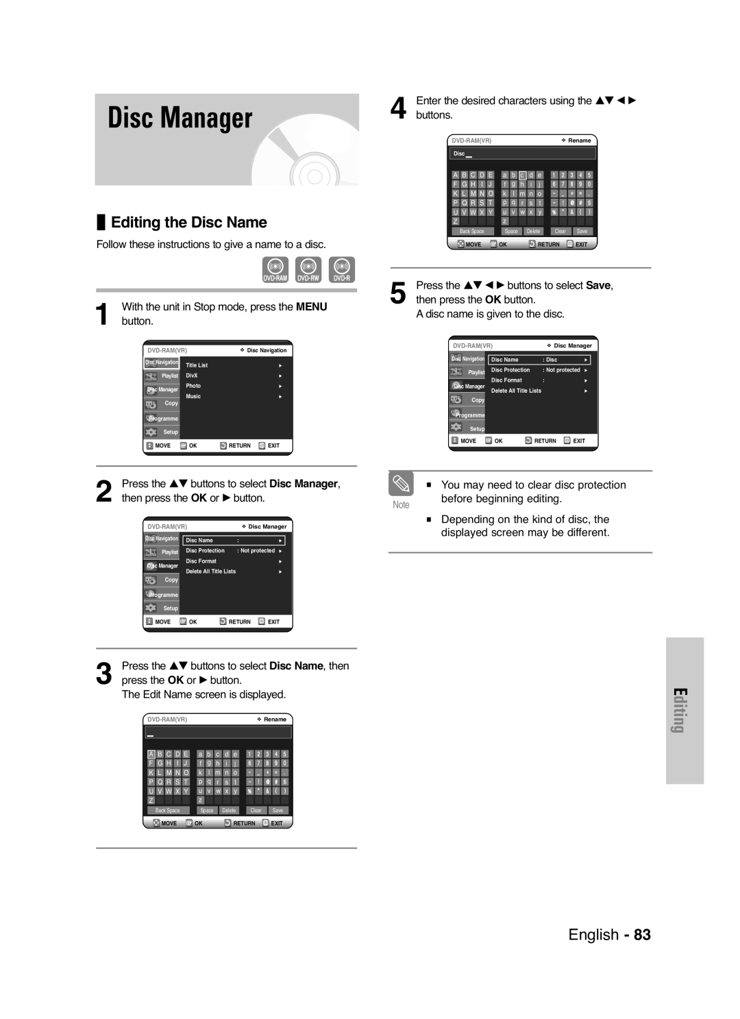 Samsung DVD-VR325/XEF, DVD-VR325P manual Disc Manager, Editing the Disc Name 