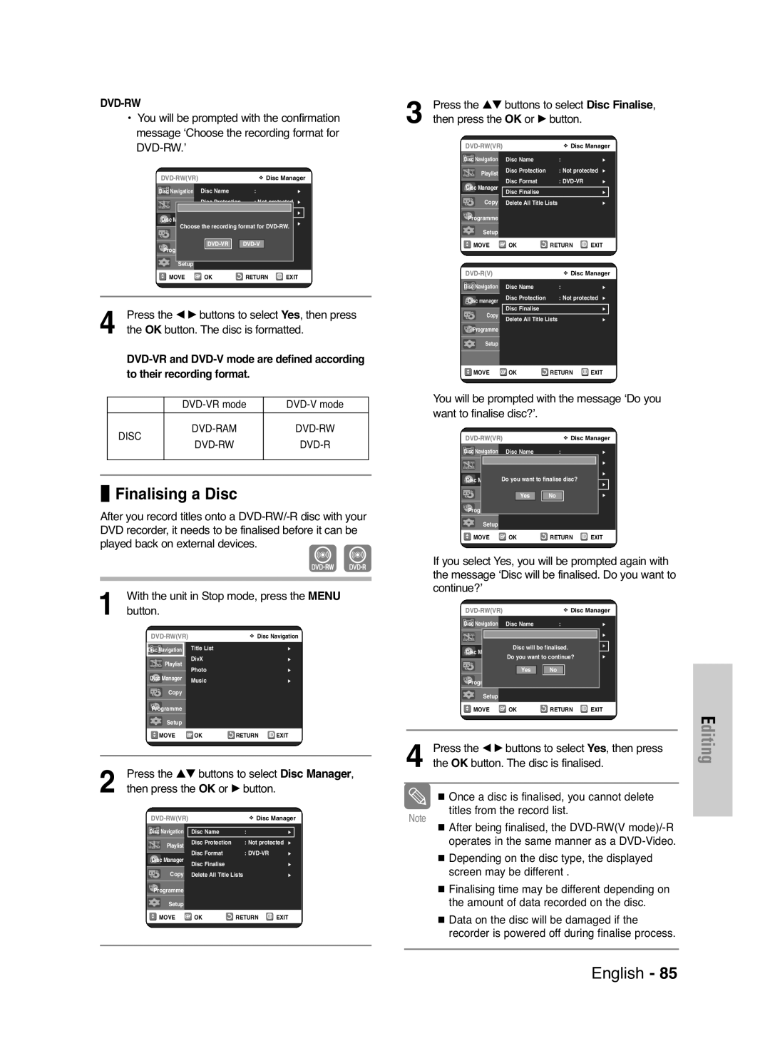 Samsung DVD-VR325/XEF, DVD-VR325P Finalising a Disc, Press the …† buttons to select Disc Finalise, DVD-VR mode DVD-V mode 