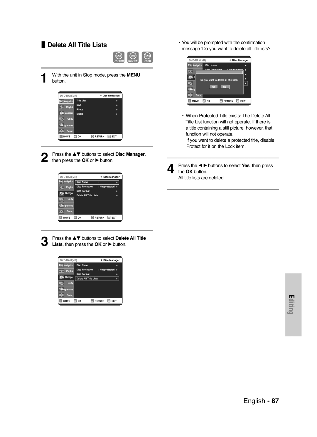 Samsung DVD-VR325/XEF, DVD-VR325P manual Delete All Title Lists, Lists, then press the OK or √ button 