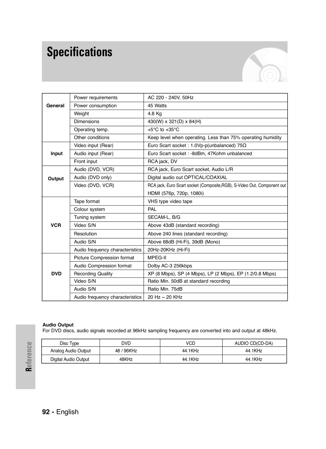 Samsung DVD-VR325P, DVD-VR325/XEF manual Specifications, Input, Audio Output 