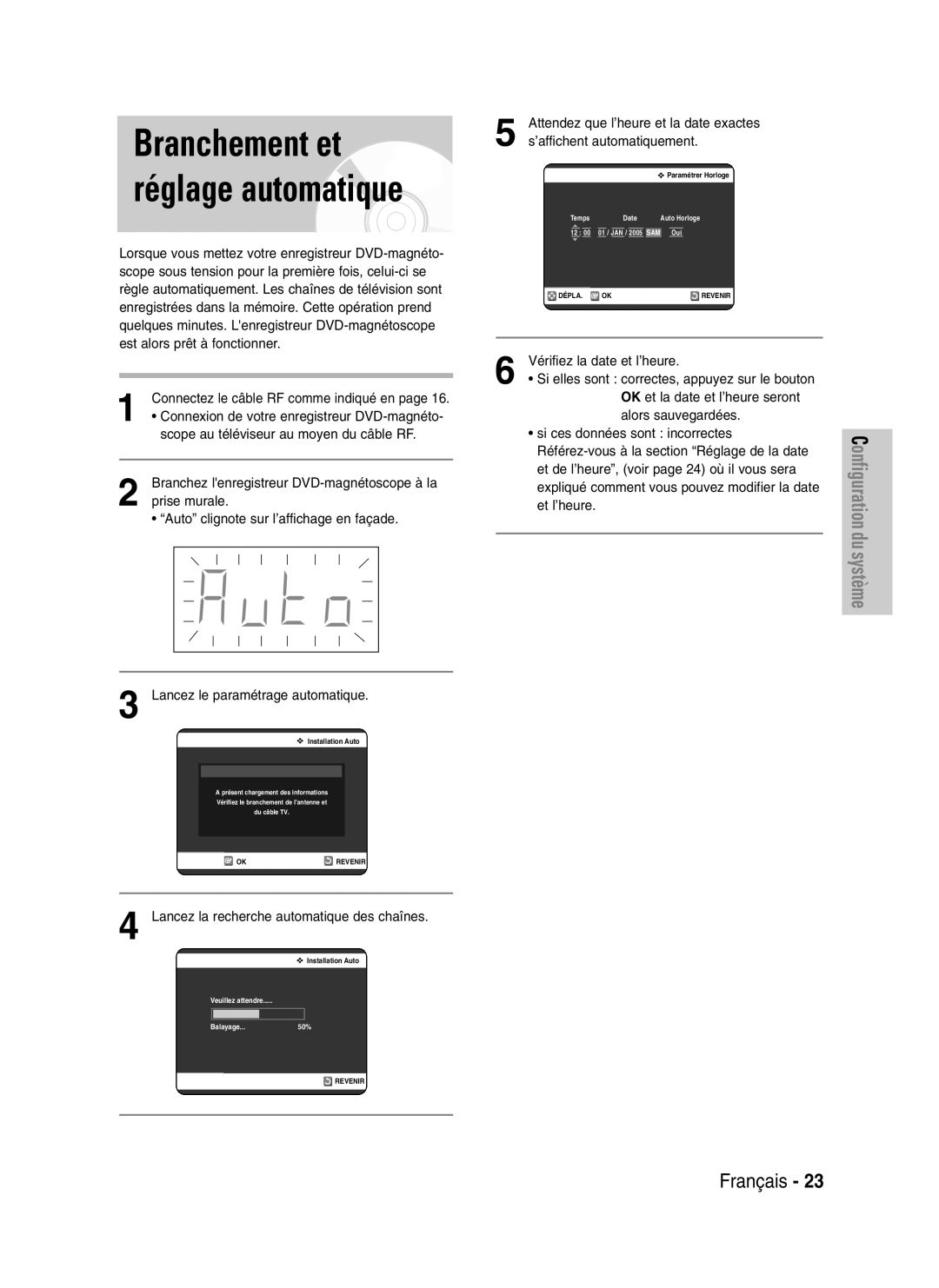 Samsung DVD-VR325/XEF, DVD-VR325P manual Branchement et réglage automatique, Lancez la recherche automatique des chaînes 