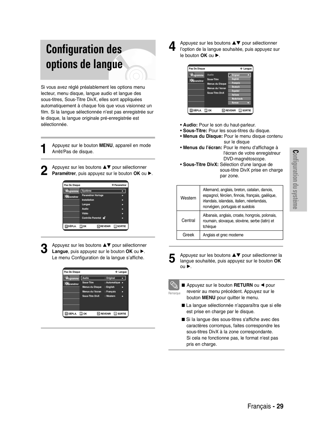 Samsung DVD-VR325/XEF, DVD-VR325P manual Configuration des options de langue, Langue, puis appuyez sur le bouton OK ou √ 