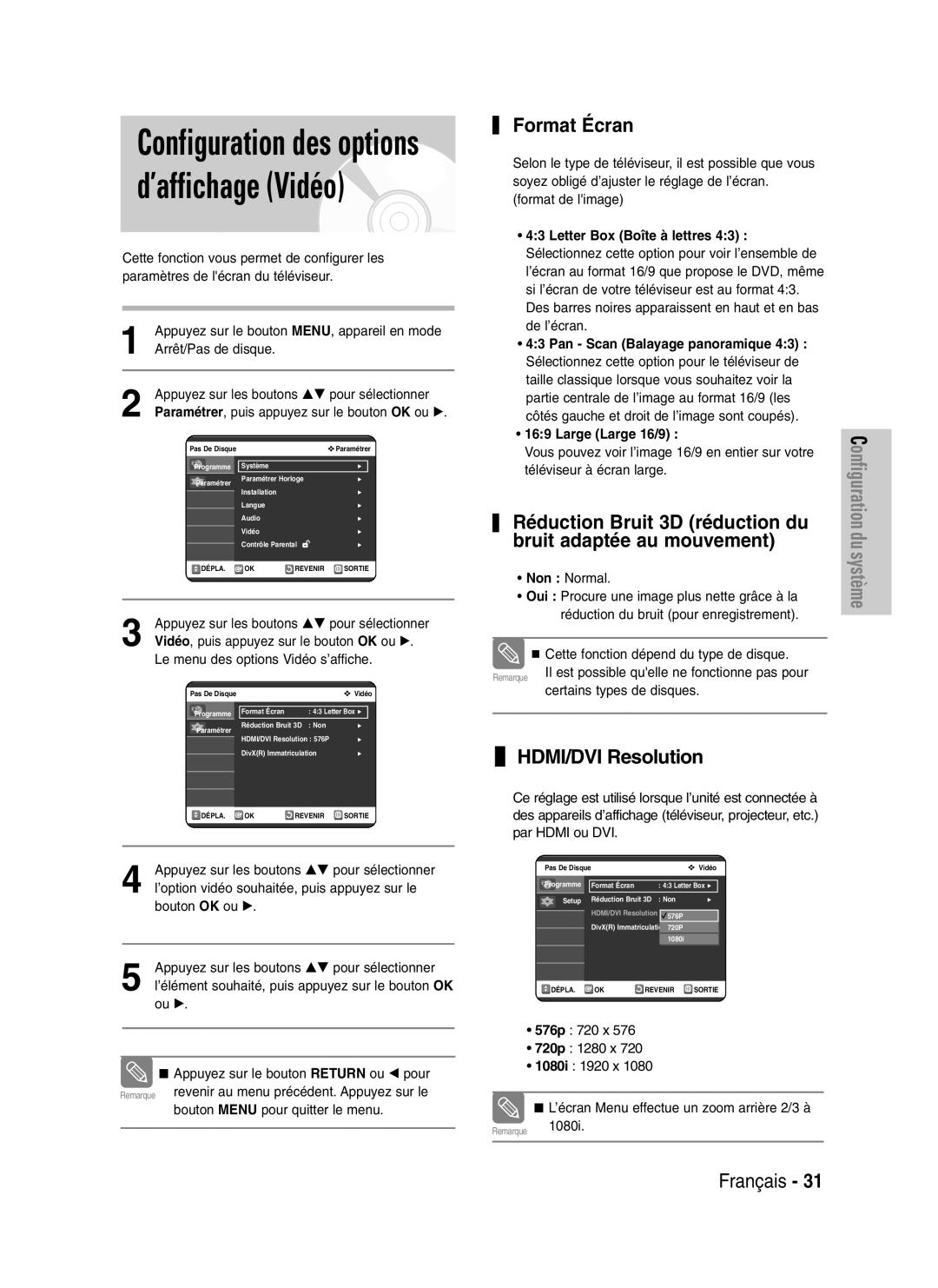 Samsung DVD-VR325/XEF manual Format Écran, HDMI/DVI Resolution, Réduction Bruit 3D réduction du bruit adaptée au mouvement 