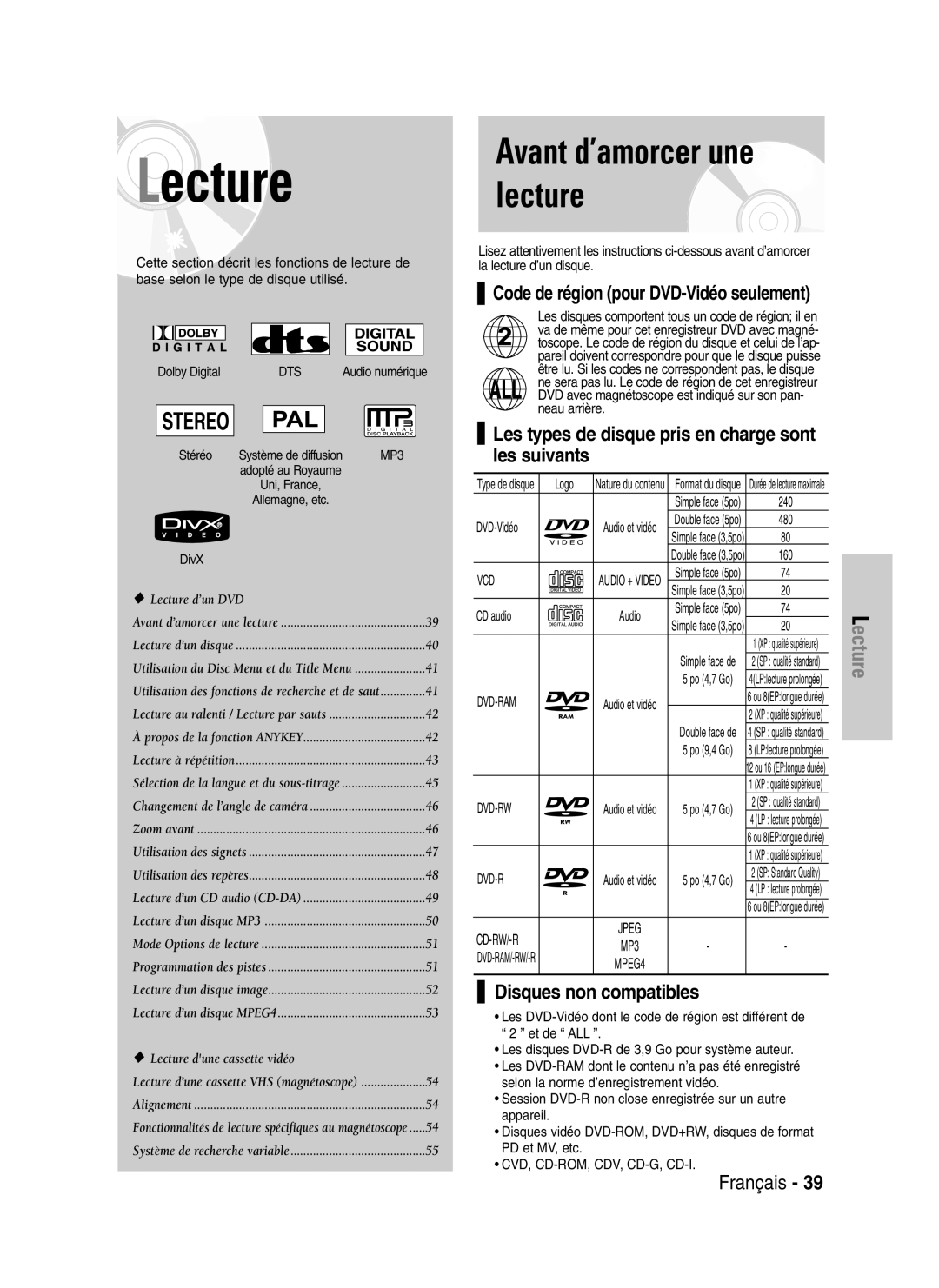 Samsung DVD-VR325/XEF manual Les types de disque pris en charge sont les suivants, Disques non compatibles, Logo, CD audio 