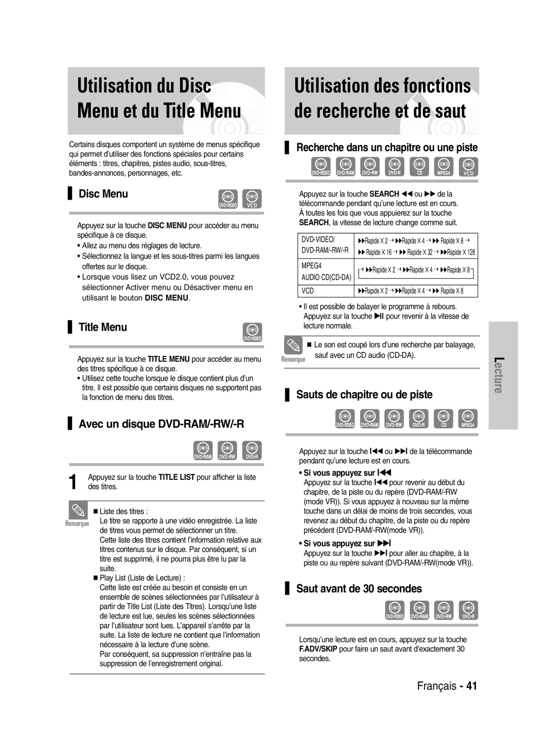 Samsung DVD-VR325/XEF manual Utilisation du Disc Menu et du Title Menu, Utilisation des fonctions de recherche et de saut 