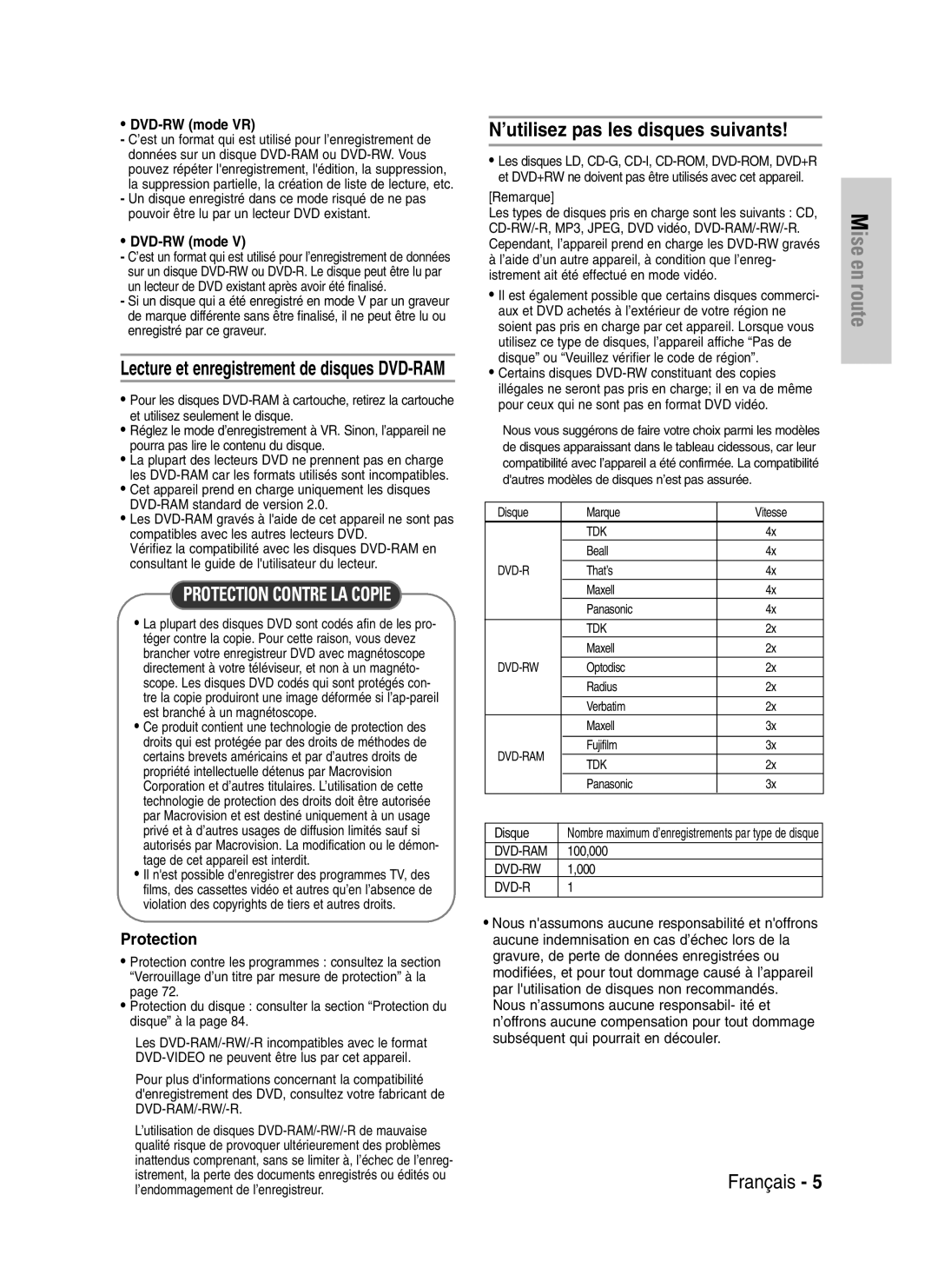 Samsung DVD-VR325/XEF, DVD-VR325P manual ’utilisez pas les disques suivants, Protection 