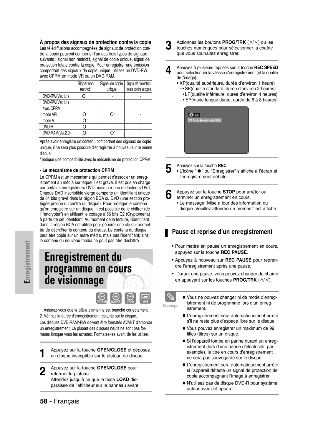 Samsung DVD-VR325P Programme en cours de visionnage, Pause et reprise d’un enregistrement, Le mécanisme de protection Cprm 