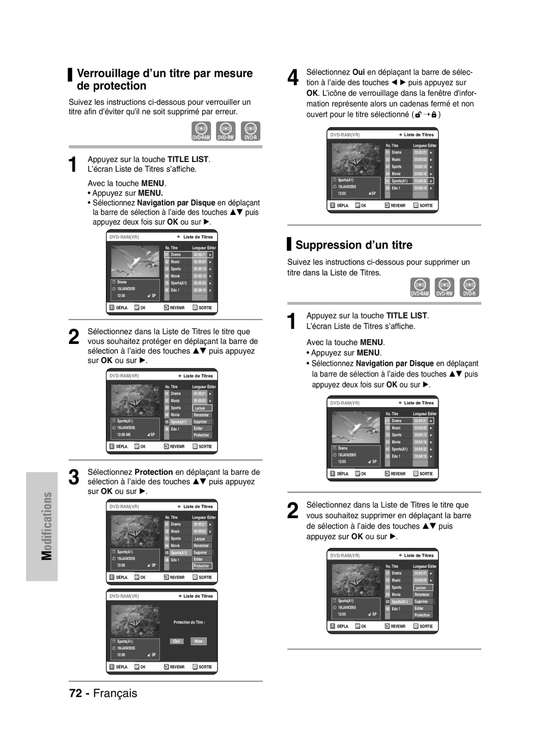 Samsung DVD-VR325P manual Verrouillage d’un titre par mesure de protection, Suppression d’un titre, Sur OK ou sur √ 