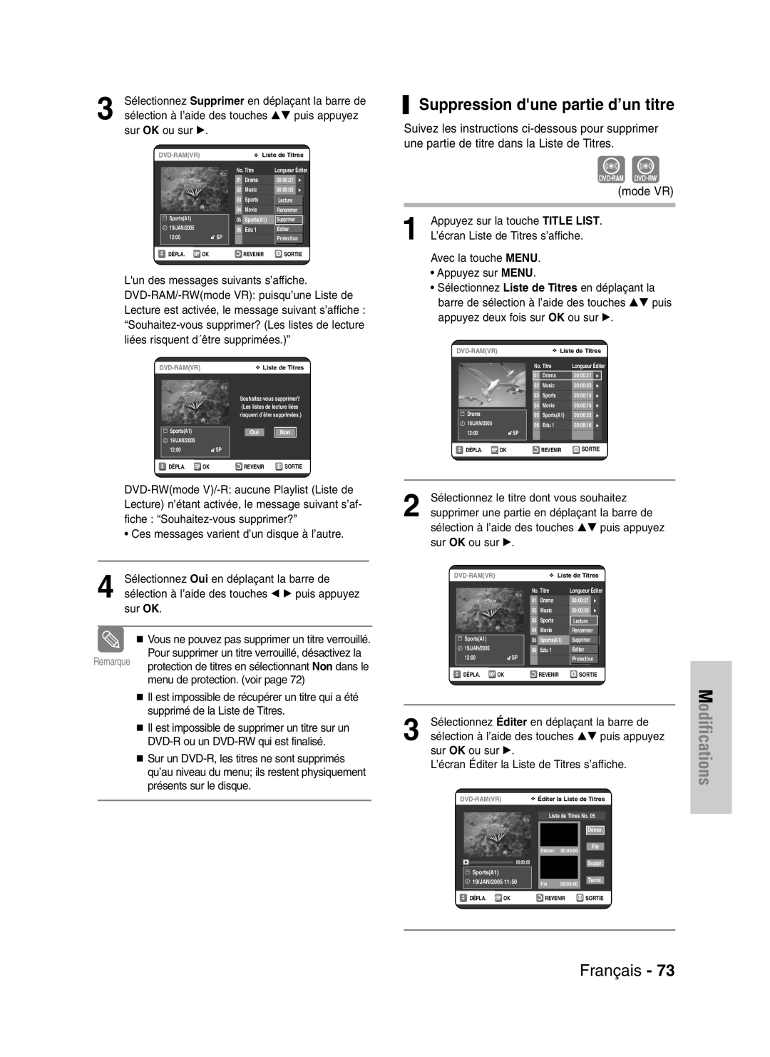 Samsung DVD-VR325/XEF, DVD-VR325P manual Odifications, Suppression dune partie d’un titre 