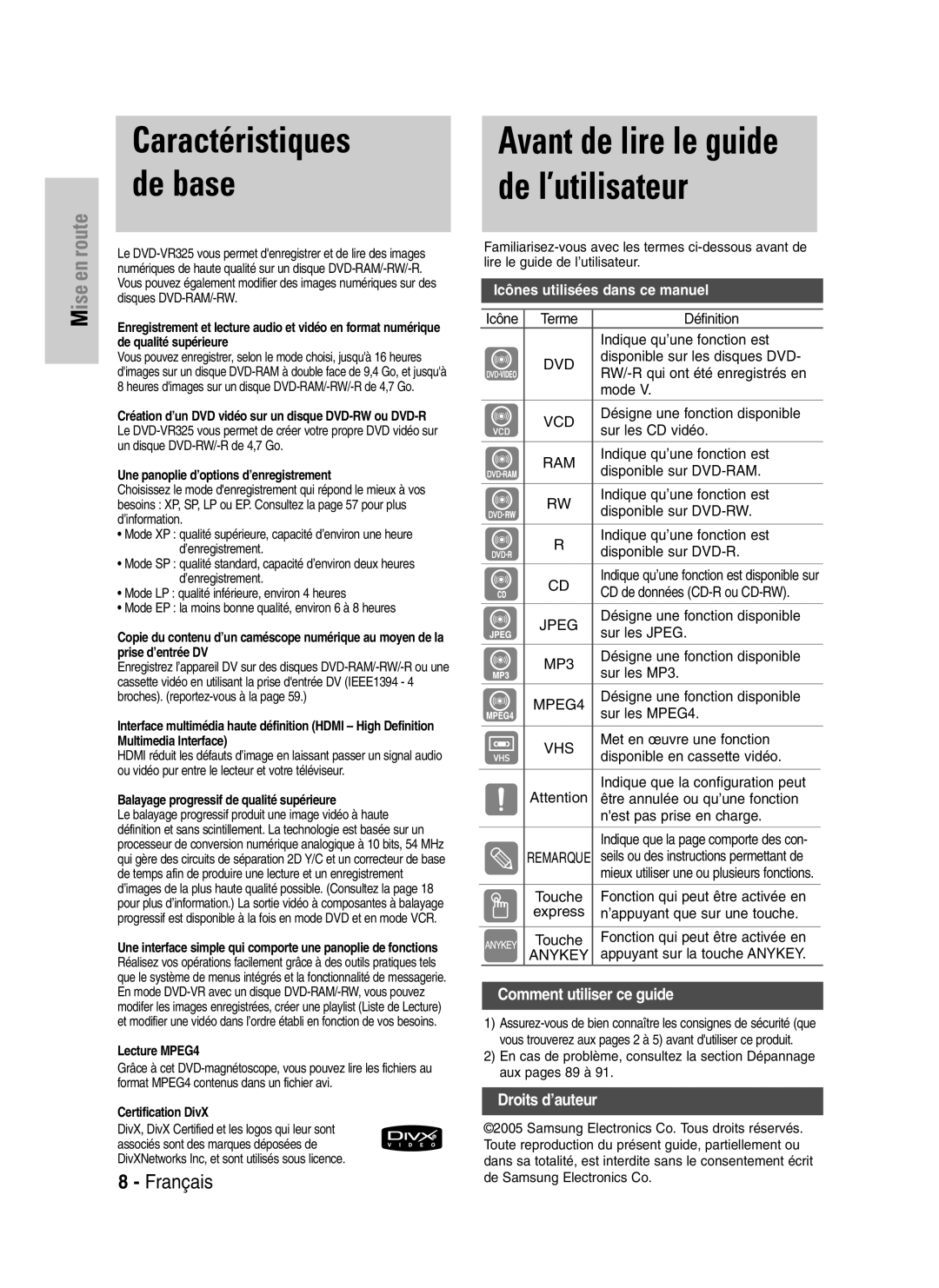 Samsung DVD-VR325P Caractéristiques de base, Une panoplie d’options d’enregistrement, Lecture MPEG4, Certification DivX 