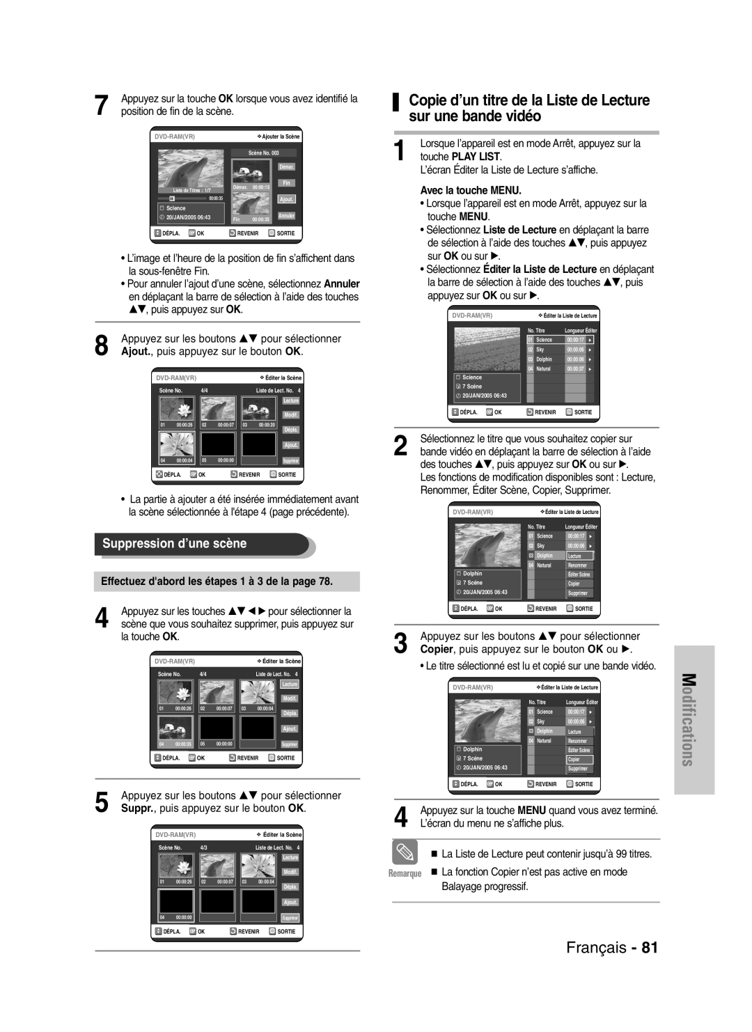 Samsung DVD-VR325/XEF Copie d’un titre de la Liste de Lecture sur une bande vidéo, Ajout., puis appuyez sur le bouton OK 