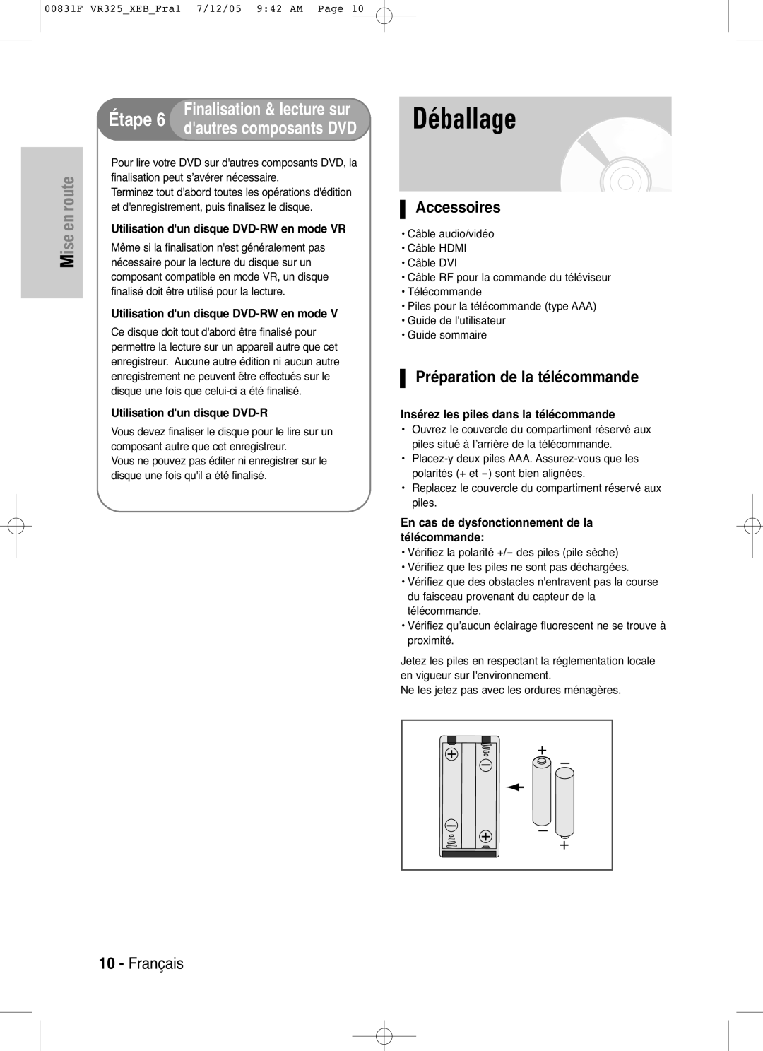 Samsung DVD-VR325P, DVD-VR325/XEF manual Déballage, Accessoires, Préparation de la télécommande 