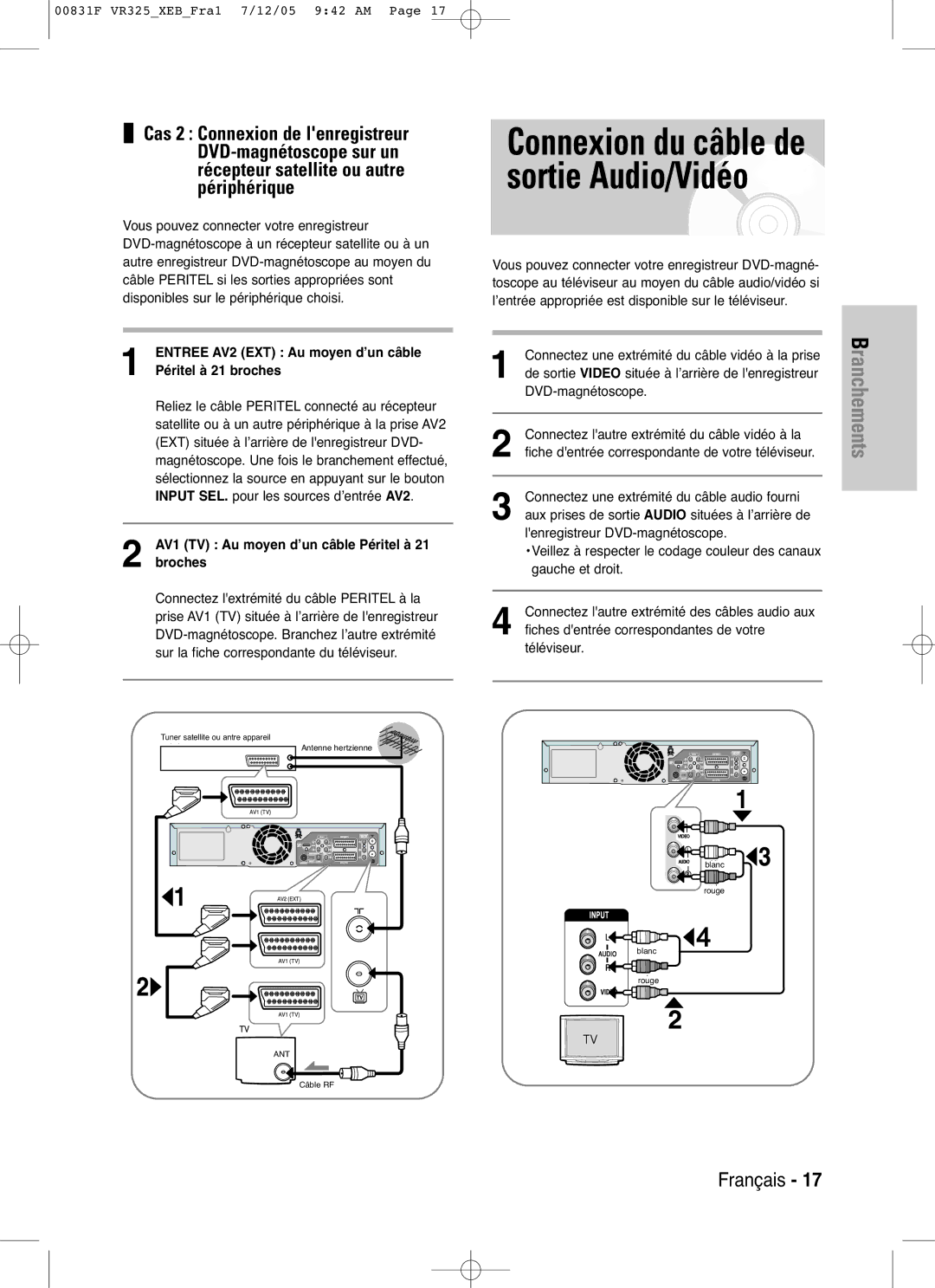 Samsung DVD-VR325/XEF, DVD-VR325P manual AV1 TV Au moyen d’un câble Péritel à 21 broches 