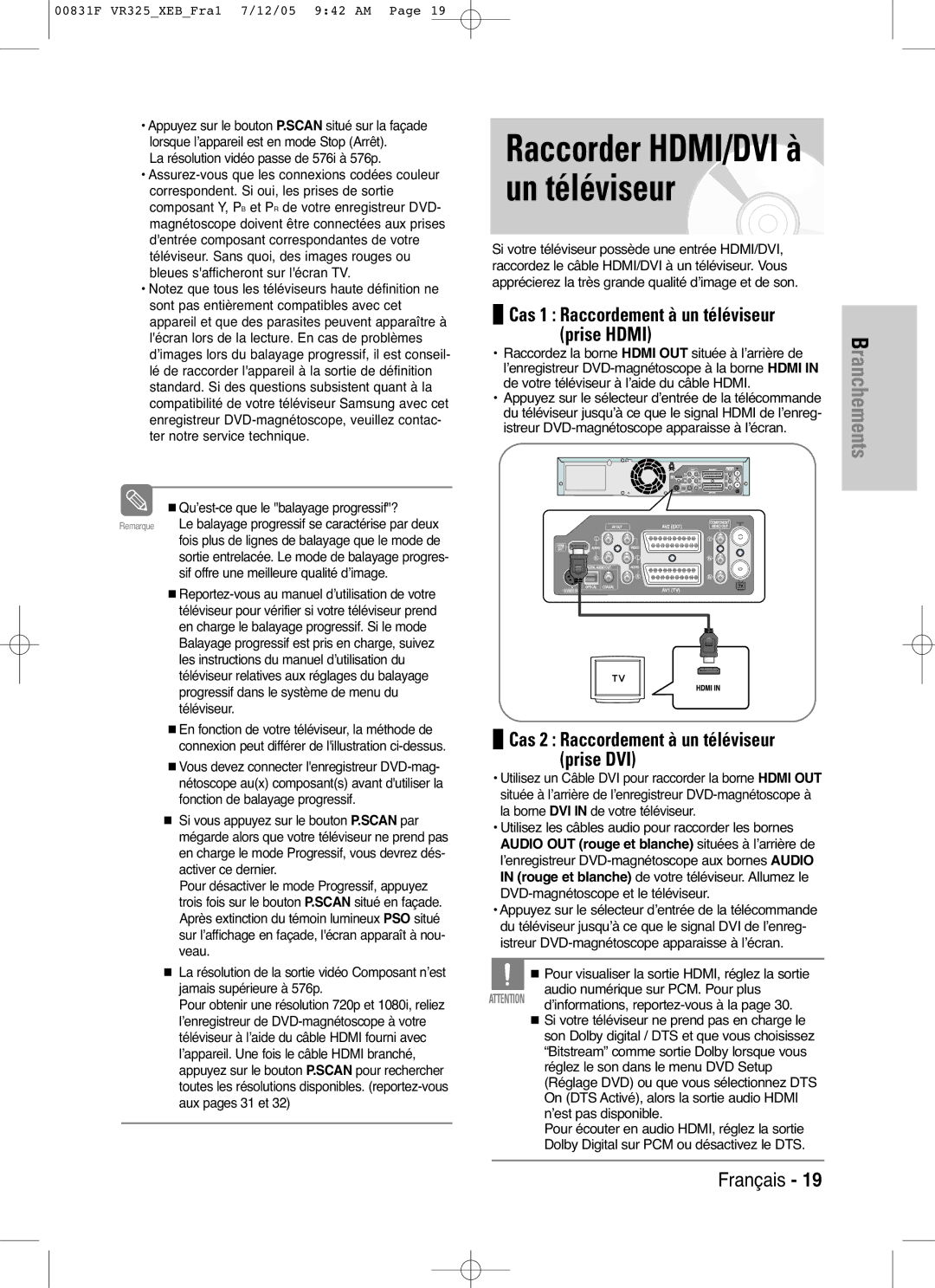 Samsung DVD-VR325/XEF, DVD-VR325P manual Prise Hdmi, Prise DVI, Pour visualiser la sortie HDMI, réglez la sortie 