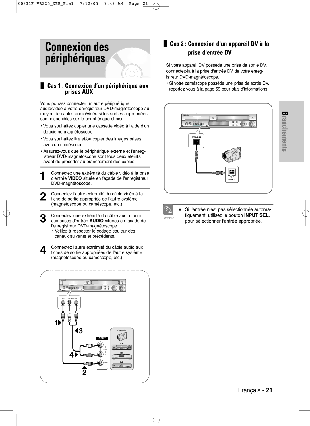 Samsung DVD-VR325/XEF, DVD-VR325P manual Connexion des périphériques 