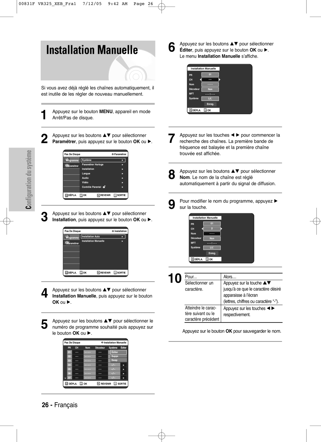 Samsung DVD-VR325P, DVD-VR325/XEF manual Le menu Installation Manuelle s’affiche 