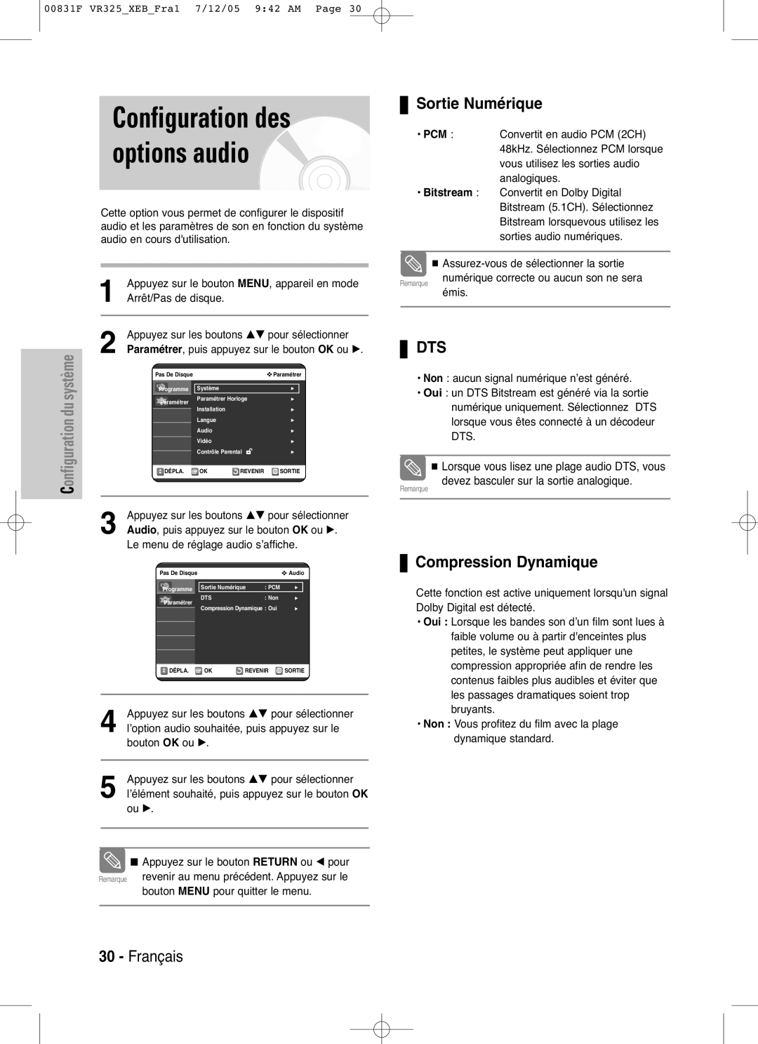 Samsung DVD-VR325P, DVD-VR325/XEF manual Configuration des options audio, Sortie Numérique, Compression Dynamique 
