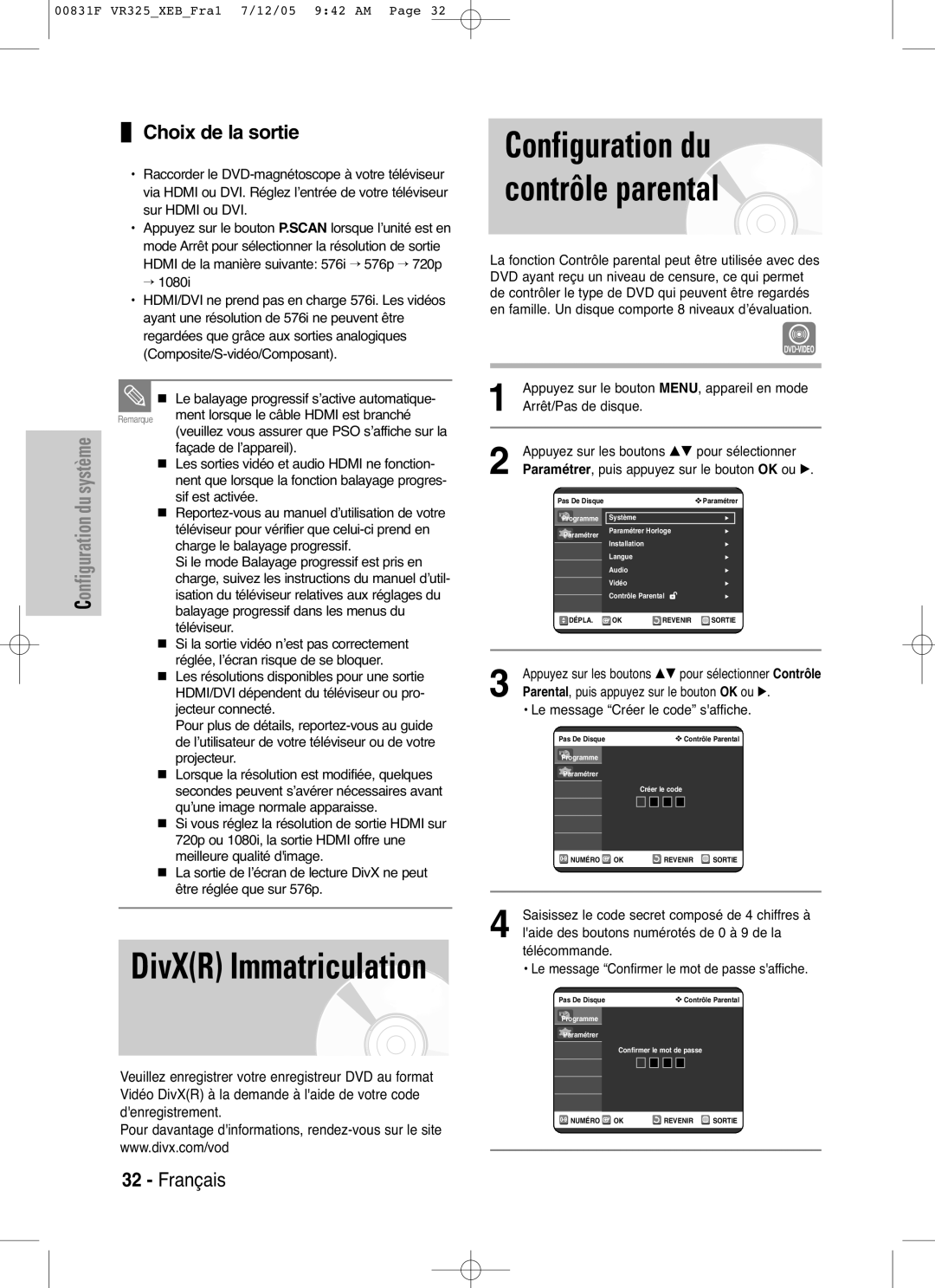 Samsung DVD-VR325P, DVD-VR325/XEF manual Configuration du contrôle parental, Choix de la sortie 