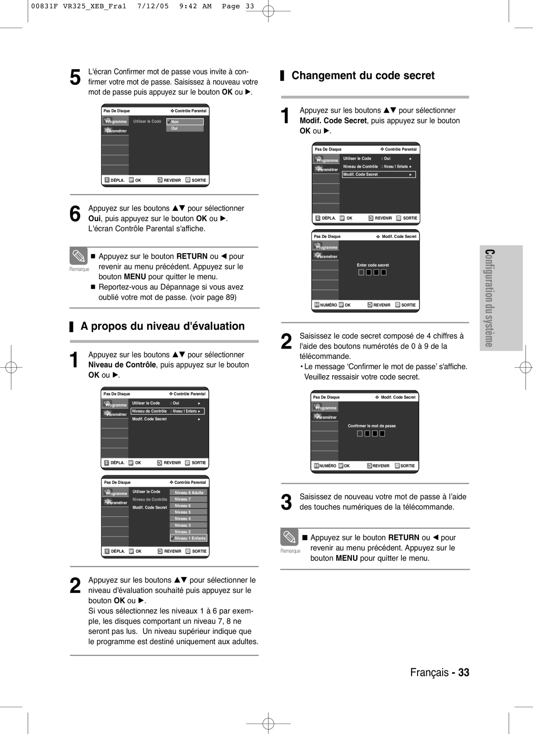 Samsung DVD-VR325/XEF Propos du niveau dévaluation, Changement du code secret, Oui, puis appuyez sur le bouton OK ou √ 