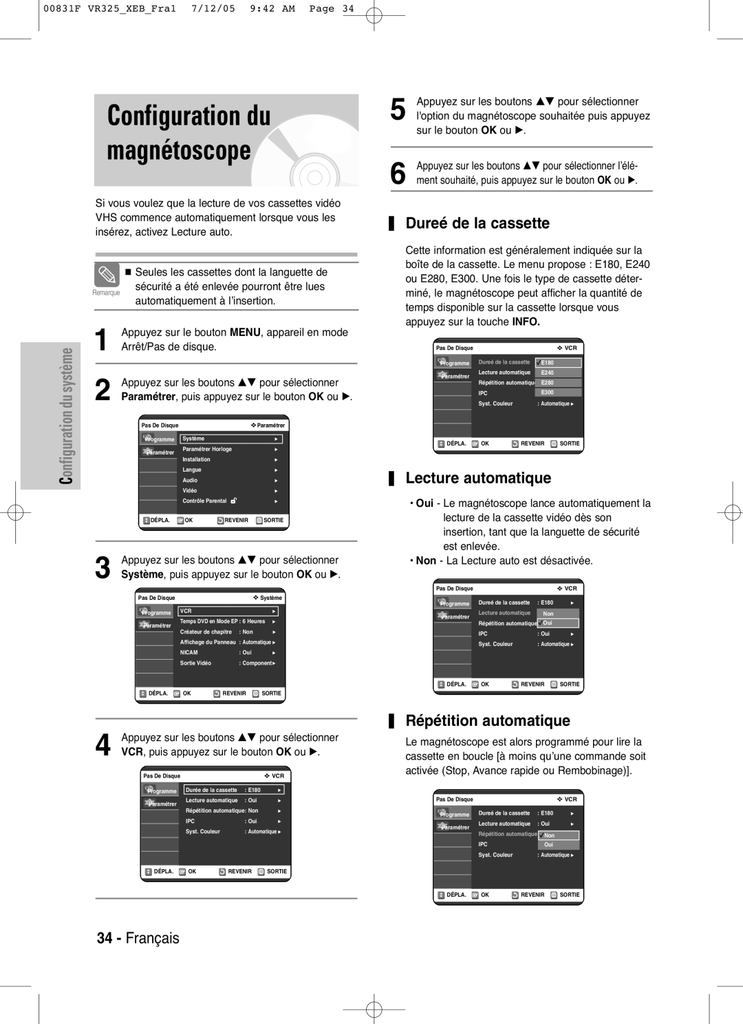 Samsung DVD-VR325P manual Configuration du magnétoscope, Dureé de la cassette, Lecture automatique, Répétition automatique 