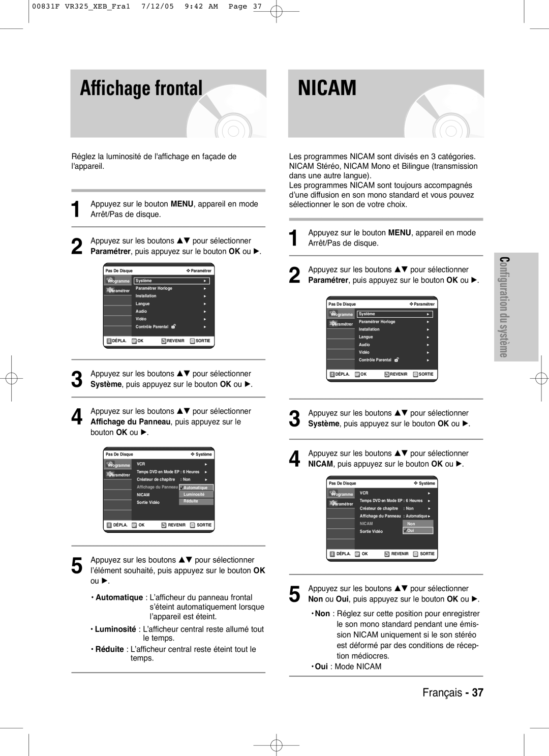 Samsung DVD-VR325/XEF, DVD-VR325P manual Affichage frontal 