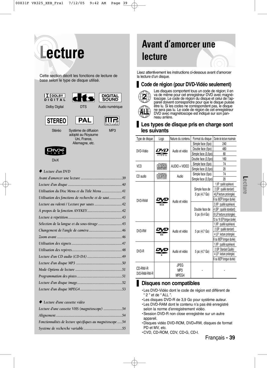 Samsung DVD-VR325/XEF manual Les types de disque pris en charge sont les suivants, Disques non compatibles, Logo, CD audio 