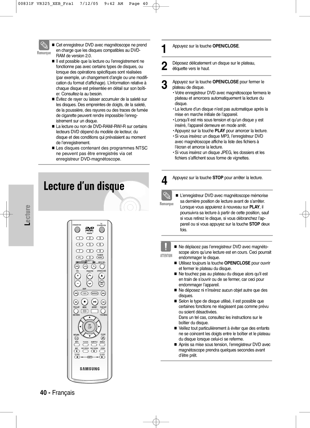 Samsung DVD-VR325P manual Lecture d’un disque, Plateau de disque, Appuyez sur la touche Stop pour arrêter la lecture 