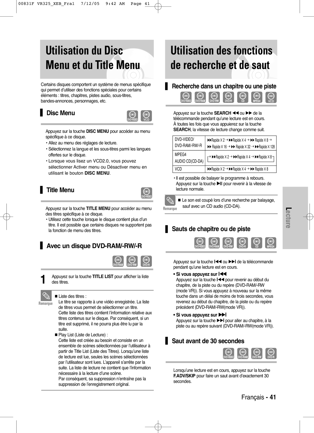 Samsung DVD-VR325/XEF manual Utilisation du Disc Menu et du Title Menu, Utilisation des fonctions de recherche et de saut 