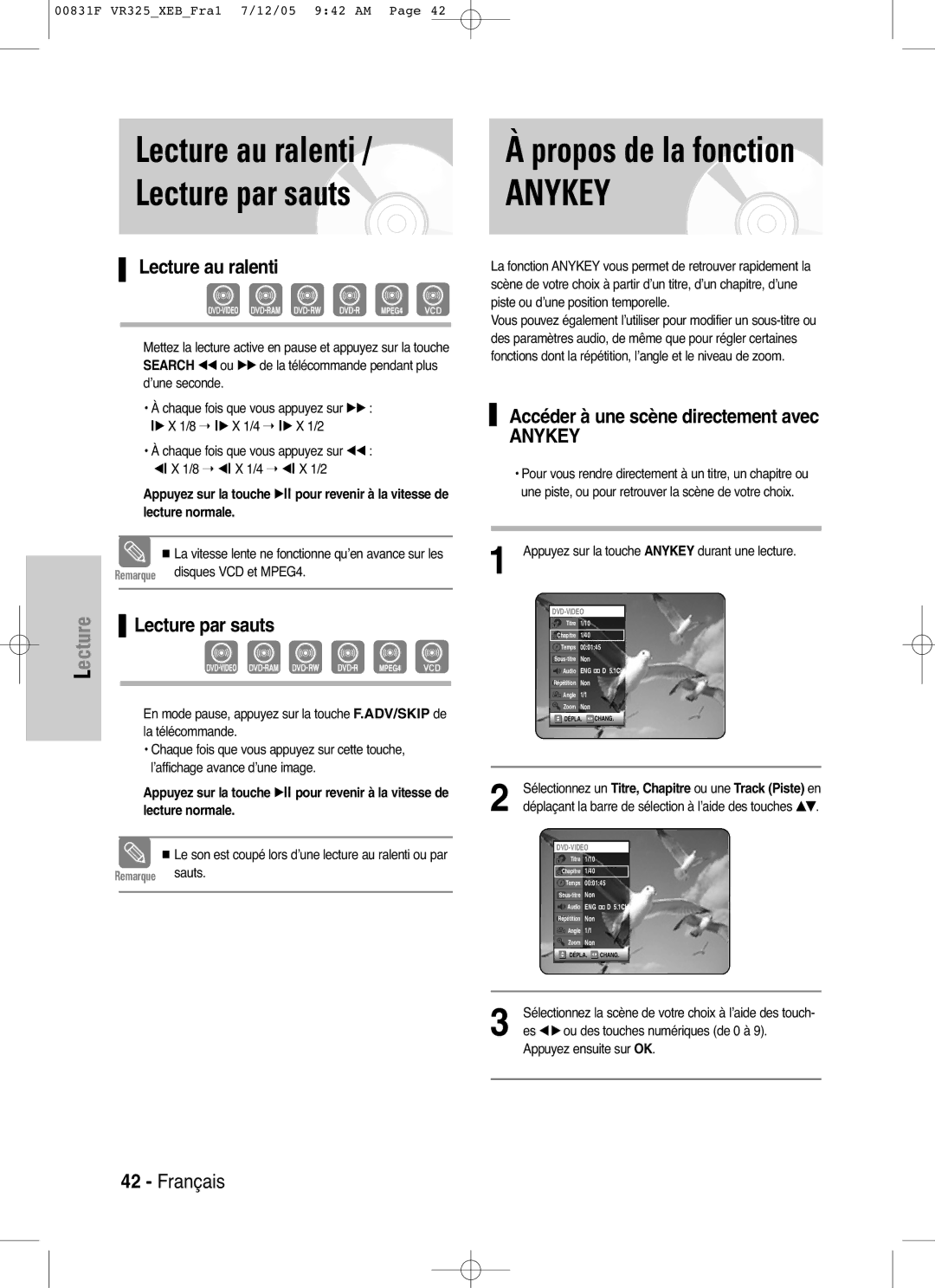 Samsung DVD-VR325P manual Lecture au ralenti Lecture par sauts, Propos de la fonction, Accéder à une scène directement avec 