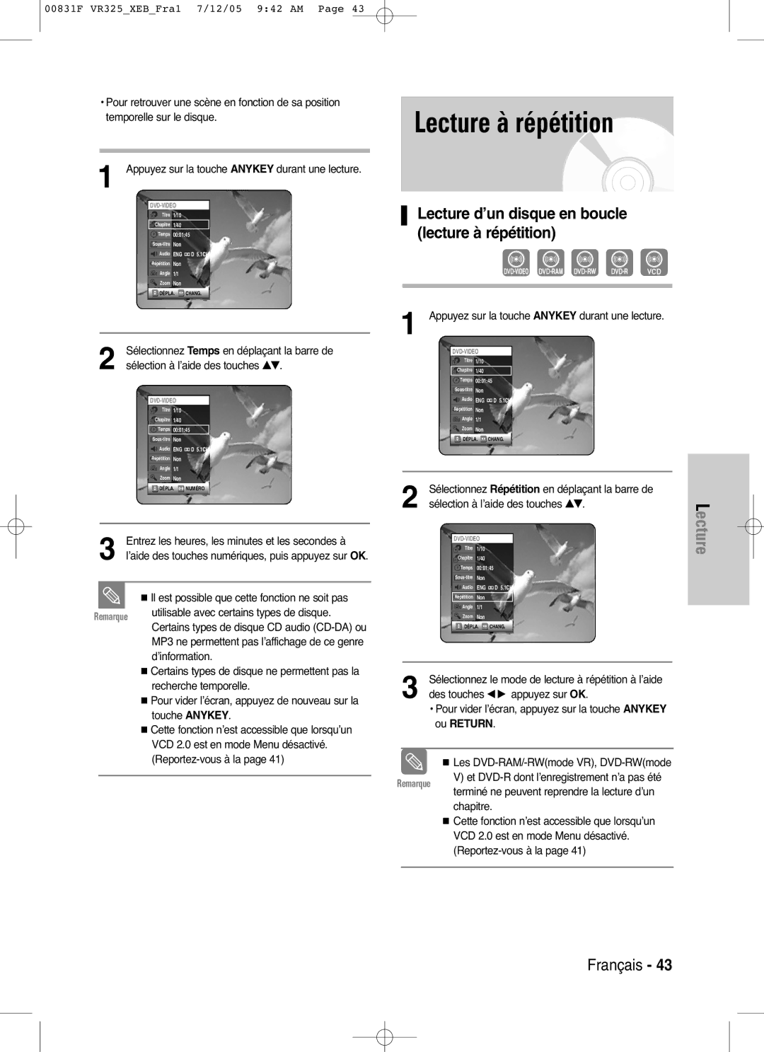 Samsung DVD-VR325/XEF, DVD-VR325P manual Lecture à répétition, Lecture d’un disque en boucle lecture à répétition 