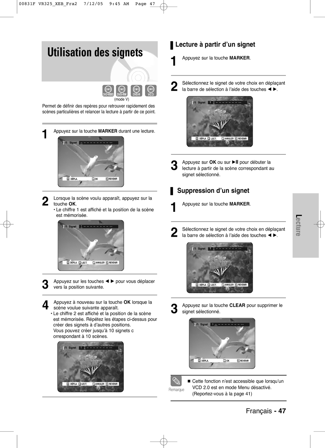 Samsung DVD-VR325/XEF, DVD-VR325P manual Lecture à partir d’un signet, Suppression d’un signet 