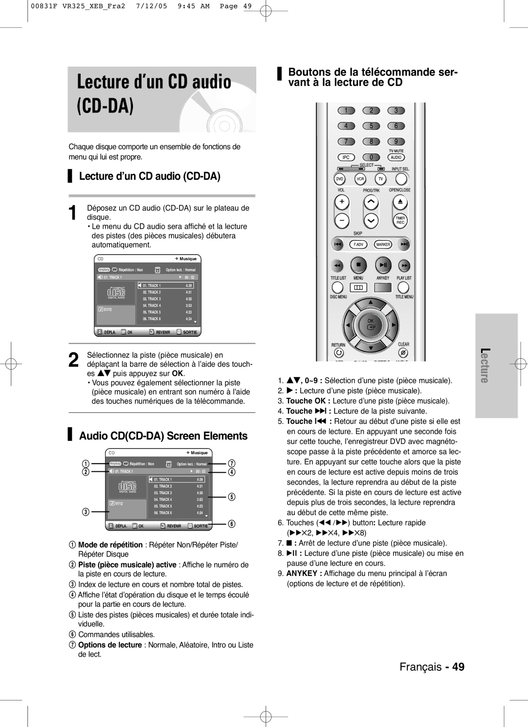 Samsung DVD-VR325/XEF, DVD-VR325P manual Lecture d’un CD audio CD-DA, Audio CDCD-DA Screen Elements 