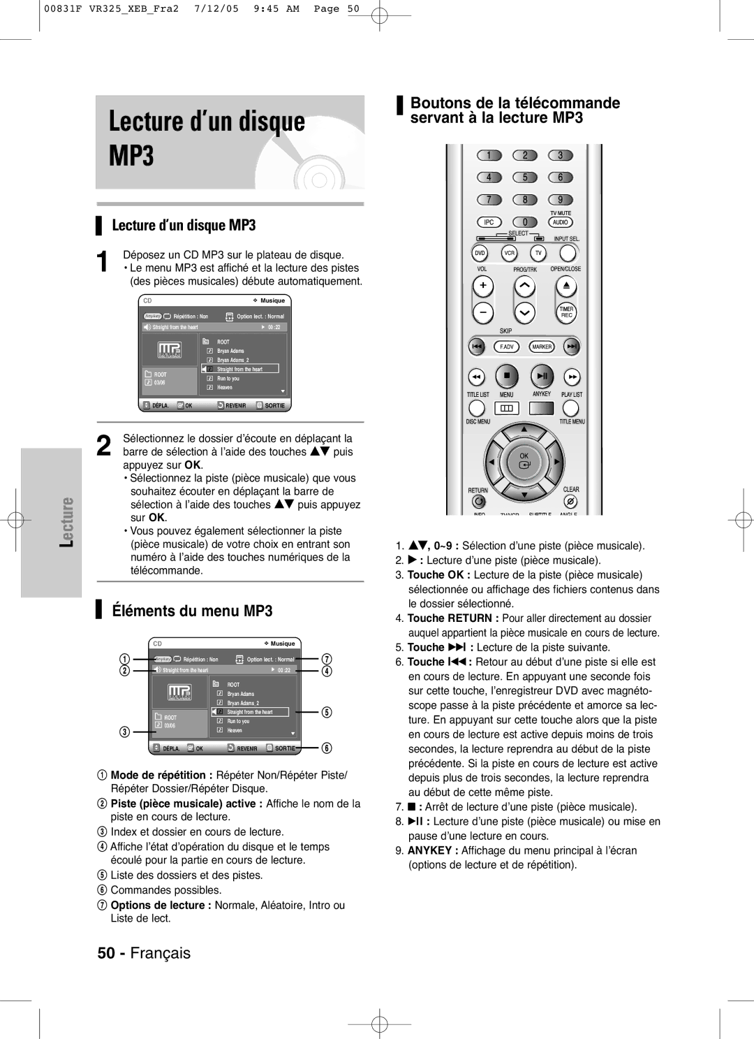 Samsung DVD-VR325P, DVD-VR325/XEF manual Lecture d’un disque MP3, Éléments du menu MP3 