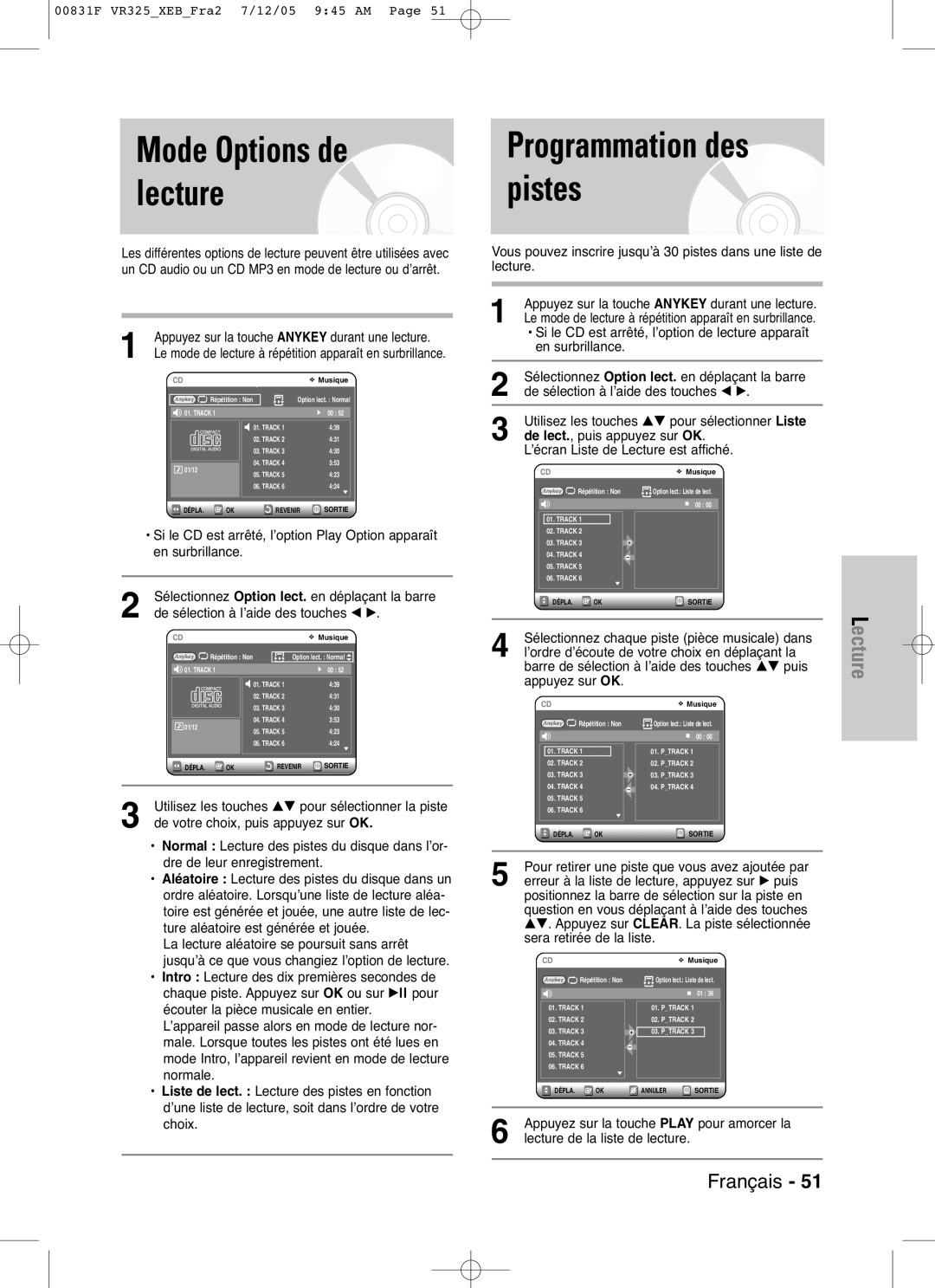 Samsung DVD-VR325/XEF, DVD-VR325P manual Mode Options de, Lecture Pistes, De sélection à l’aide des touches œ √ 