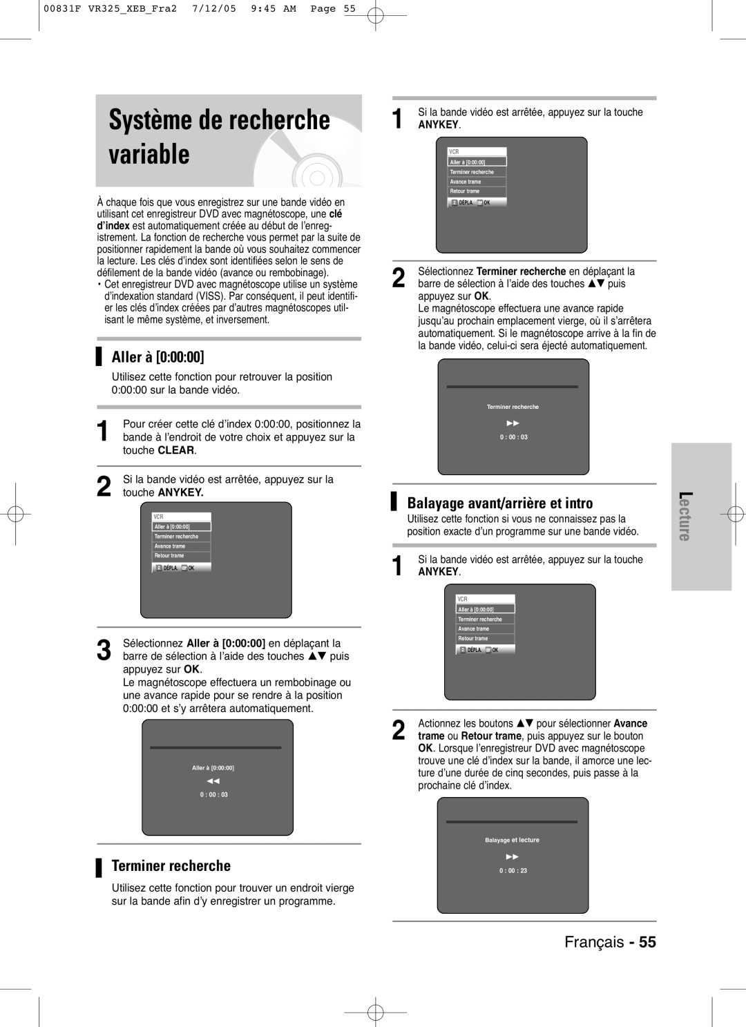 Samsung DVD-VR325/XEF, DVD-VR325P manual Aller à, Terminer recherche, Balayage avant/arrière et intro 