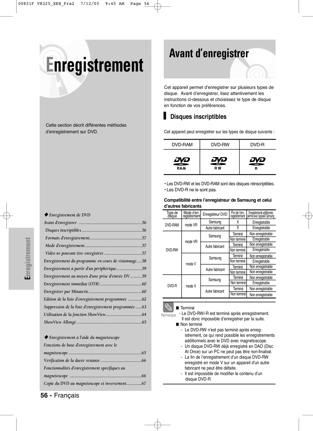 Samsung DVD-VR325P, DVD-VR325/XEF manual Avant d’enregistrer, Disques inscriptibles 