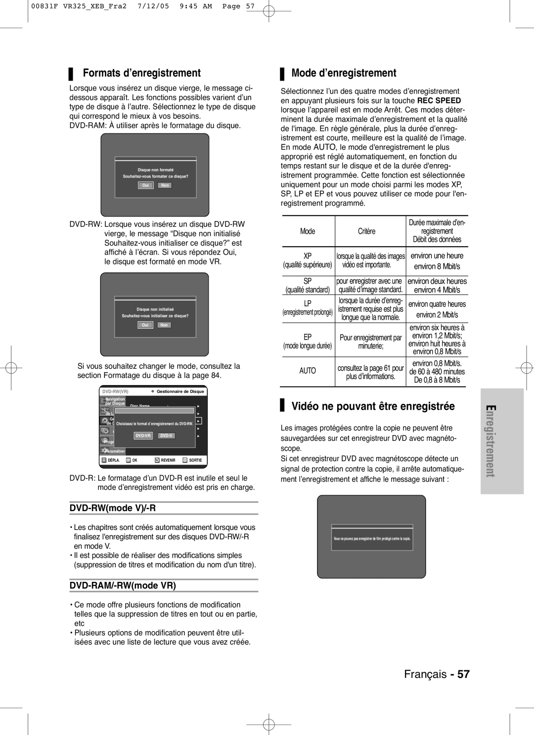 Samsung DVD-VR325/XEF, DVD-VR325P Formats d’enregistrement, Mode d’enregistrement, DVD-RWmode V/-R, DVD-RAM/-RWmode VR 