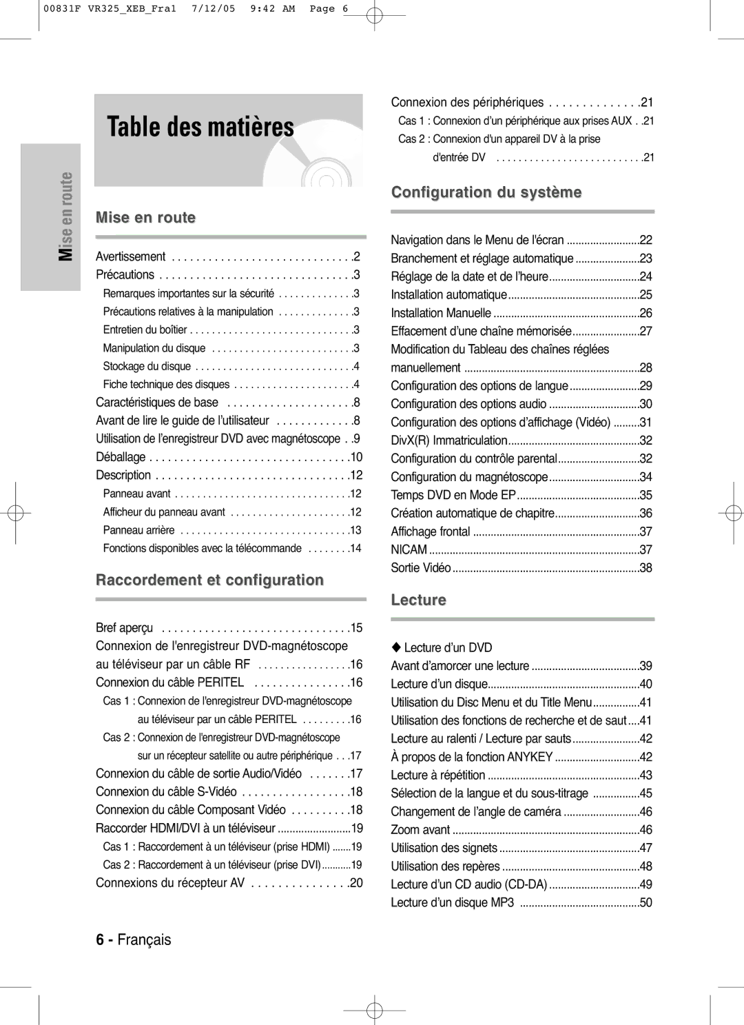 Samsung DVD-VR325P, DVD-VR325/XEF manual Table des matières, Connexion de lenregistreur DVD-magnétoscope, Sortie Vidéo 