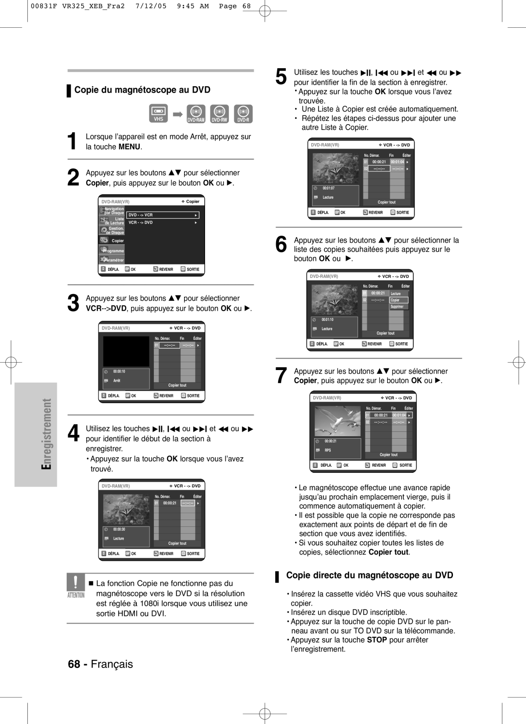 Samsung DVD-VR325P, DVD-VR325/XEF manual Copie du magnétoscope au DVD, Copie directe du magnétoscope au DVD 