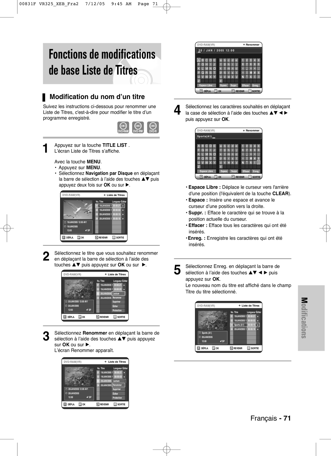 Samsung DVD-VR325/XEF, DVD-VR325P manual Modification du nom d’un titre, ’écran Liste de Titres s’affiche 