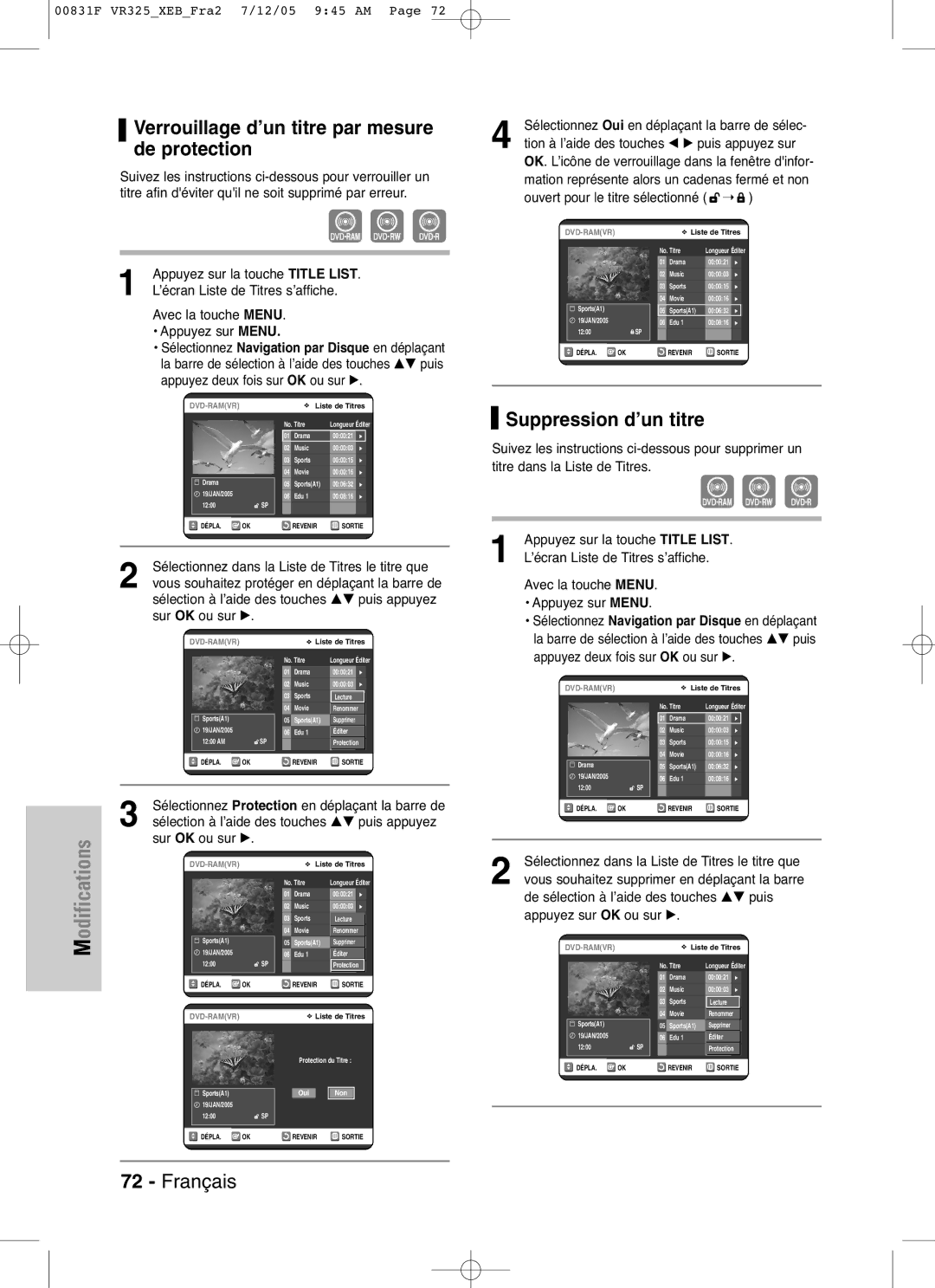 Samsung DVD-VR325P manual Verrouillage d’un titre par mesure de protection, Suppression d’un titre, Sur OK ou sur √ 