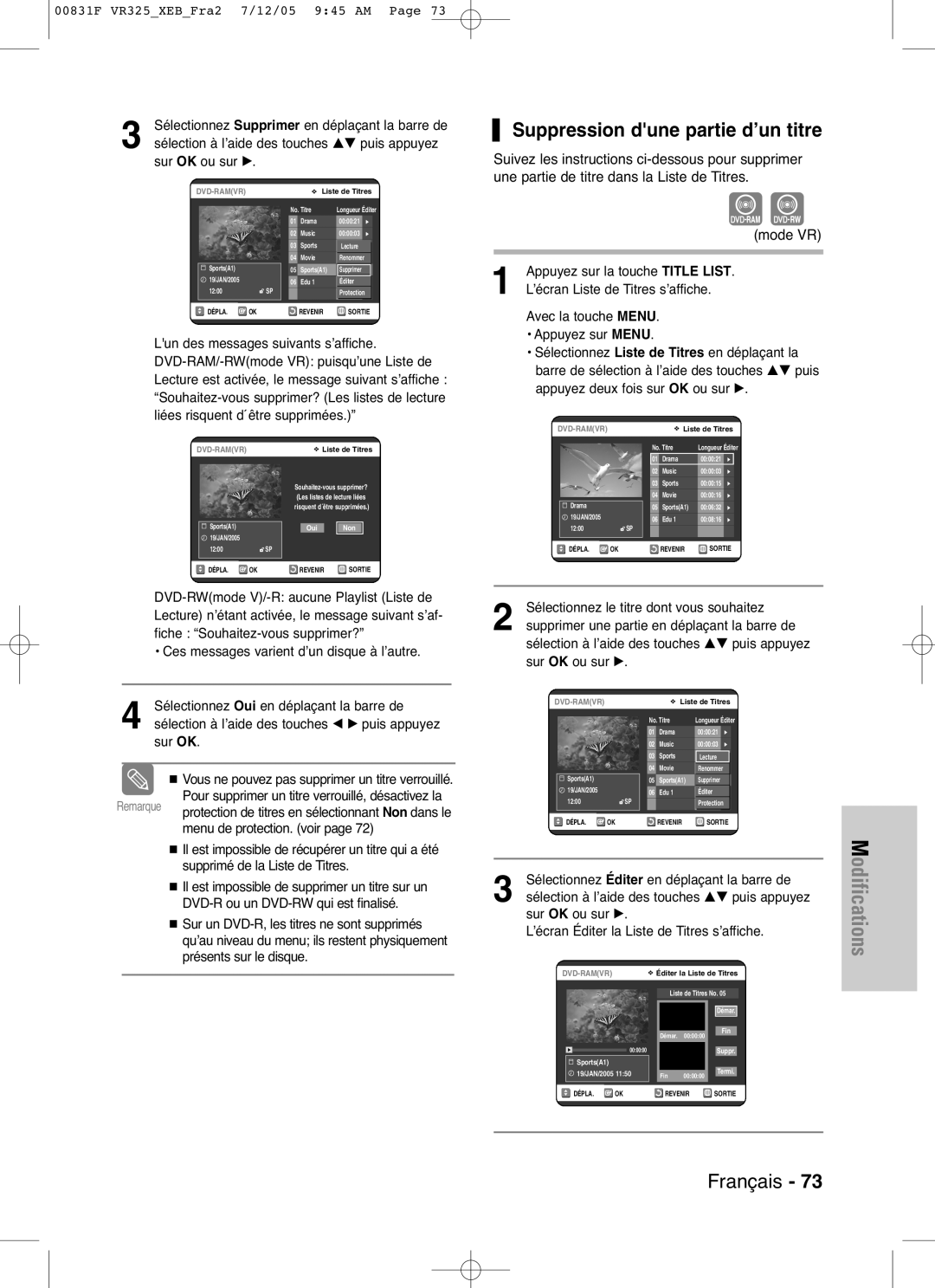 Samsung DVD-VR325/XEF, DVD-VR325P manual Suppression dune partie d’un titre 