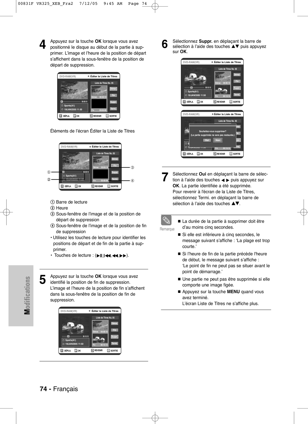 Samsung DVD-VR325P manual Appuyez sur la touche OK lorsque vous avez, Positionné le disque au début de la partie à sup 