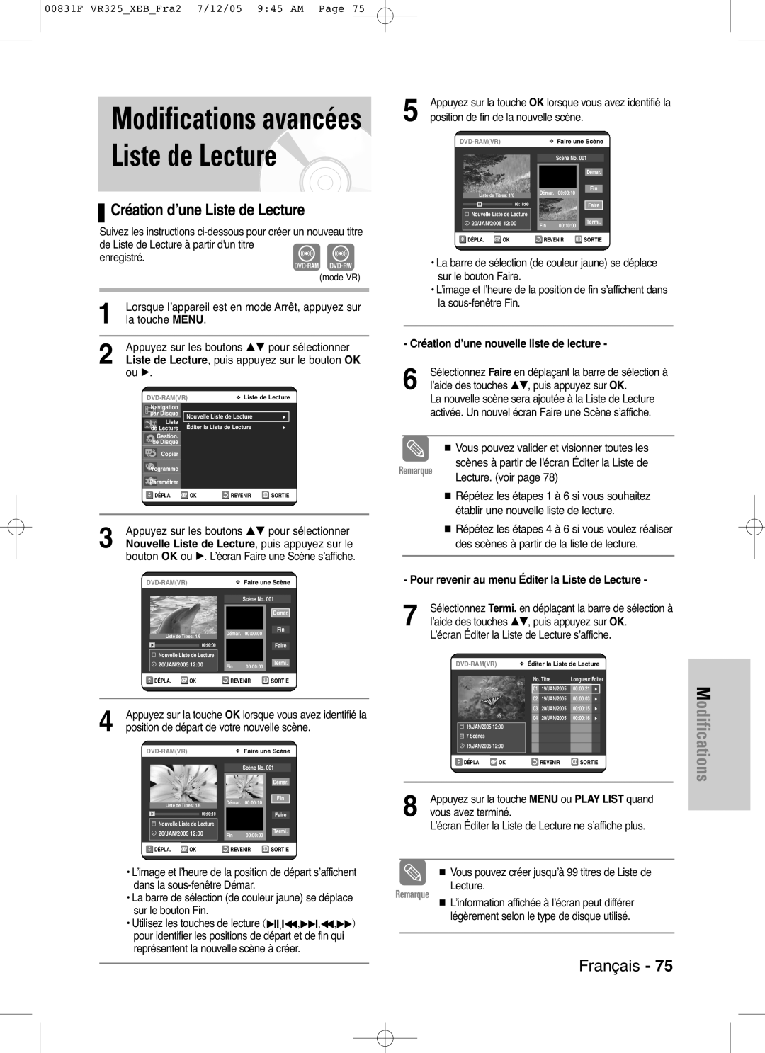 Samsung DVD-VR325/XEF, DVD-VR325P manual Modifications avancées Liste de Lecture, Création d’une Liste de Lecture 