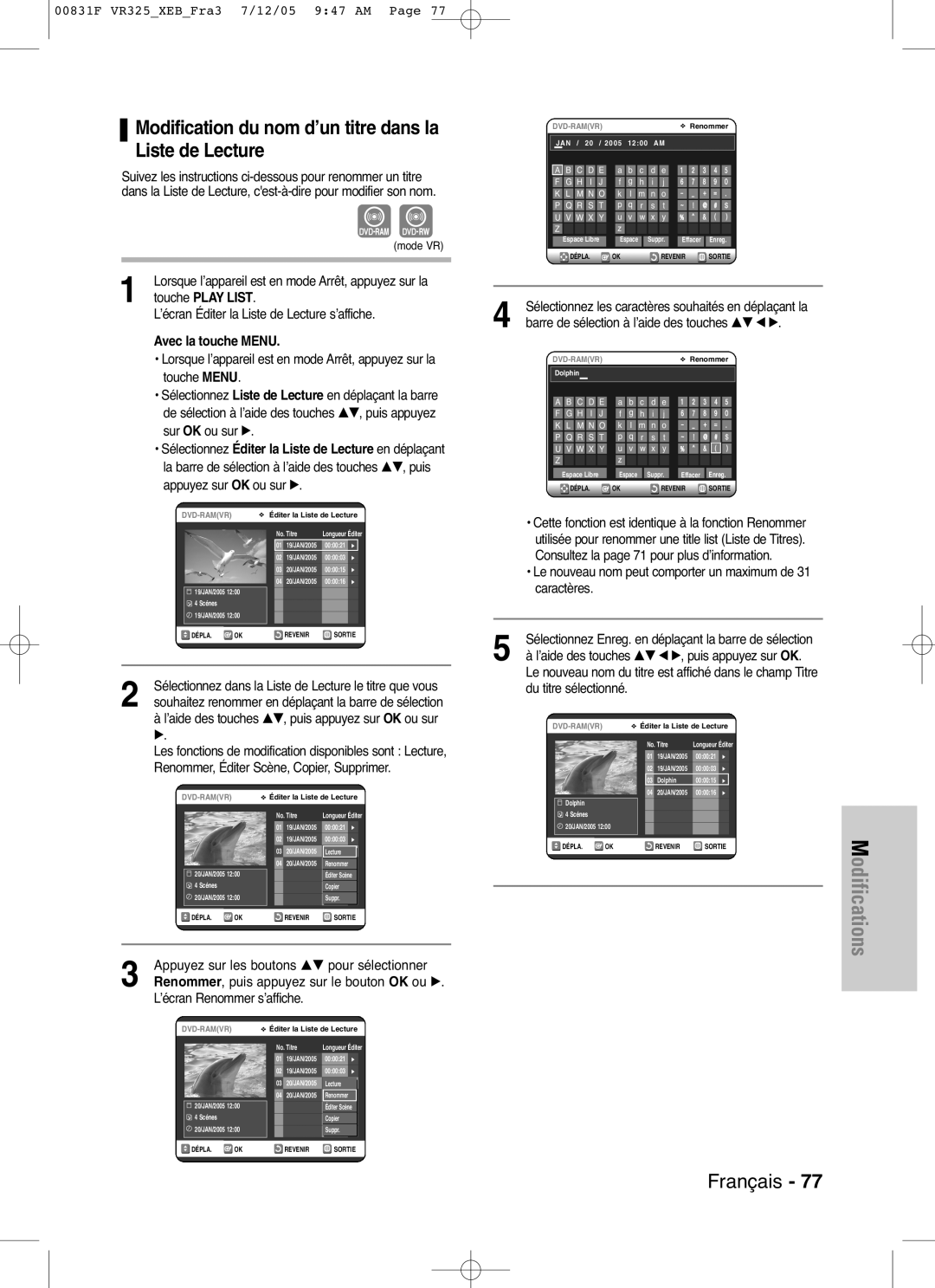 Samsung DVD-VR325/XEF Modification du nom d’un titre dans la Liste de Lecture, Renommer, Éditer Scène, Copier, Supprimer 