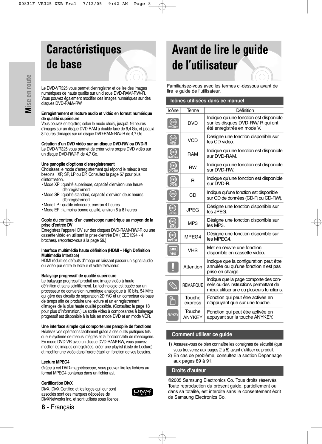 Samsung DVD-VR325P Caractéristiques de base, Une panoplie d’options d’enregistrement, Lecture MPEG4, Certification DivX 